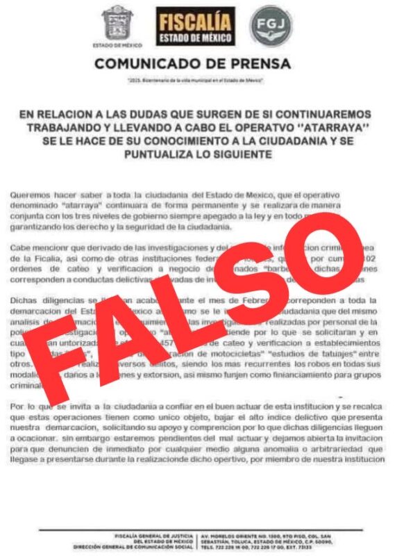 Alerta fiscalía EDOMEX sobre falso “Comunicado de prensa”