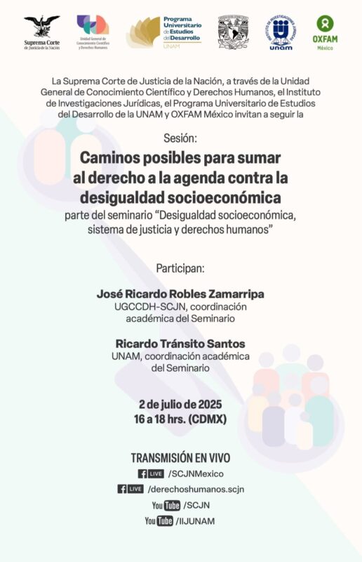 Te invitamos a seguir la Sesión "Caminos posibles para sumar al derecho a la agenda contra la desigualdad socioeconómica", que forma parte del seminario ""Desigualdad socioeconómica, sistema de justicia y derechos humanos".