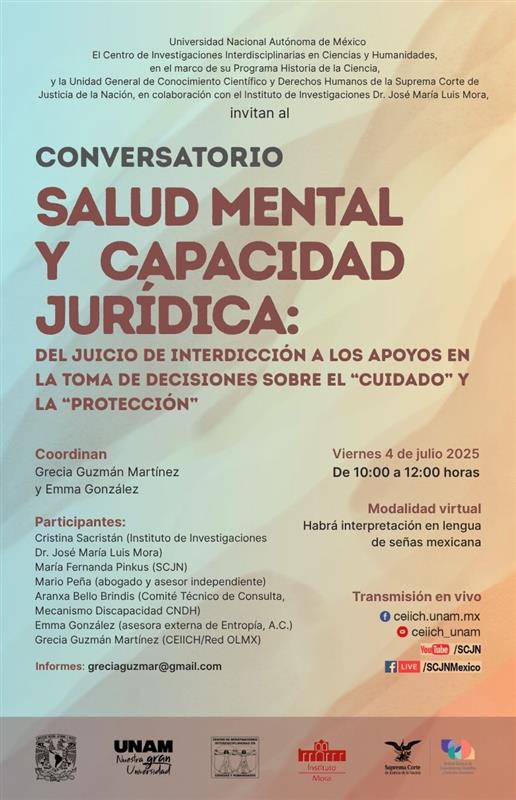 Sigue el Conversatorio "Salud mental y capacidad jurídica: del juicio de interdicción a los apoyos en la toma de decisiones sobre el cuidado y la protección", convoca la Unidad General de Conocimiento Científico y Derechos Humanos.