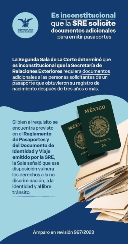 #LaCorte determinó que es inconstitucional que la SRE requiera documentos adicionales a las personas solicitantes de un pasaporte que obtuvieron su registro de nacimiento después de tres años o más.