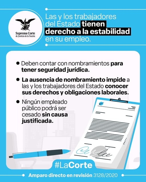 ¿Eres trabajador o trabajadora del Estado?  Recuerda que tienes derecho a la estabilidad en tu empleo.  Debes contar con un nombramiento formal para tener seguridad jurídica.  No puedes ser cesado sin causa justificada. #EsSentencia #DerechosLaborales